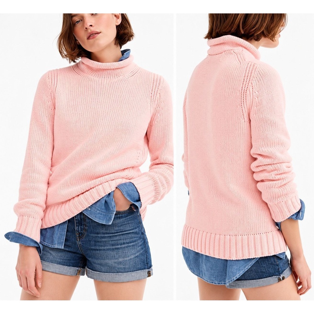 J.Crew Always Roll Neck Fisherman Knit Sweater Pink XS Coastal Cotton